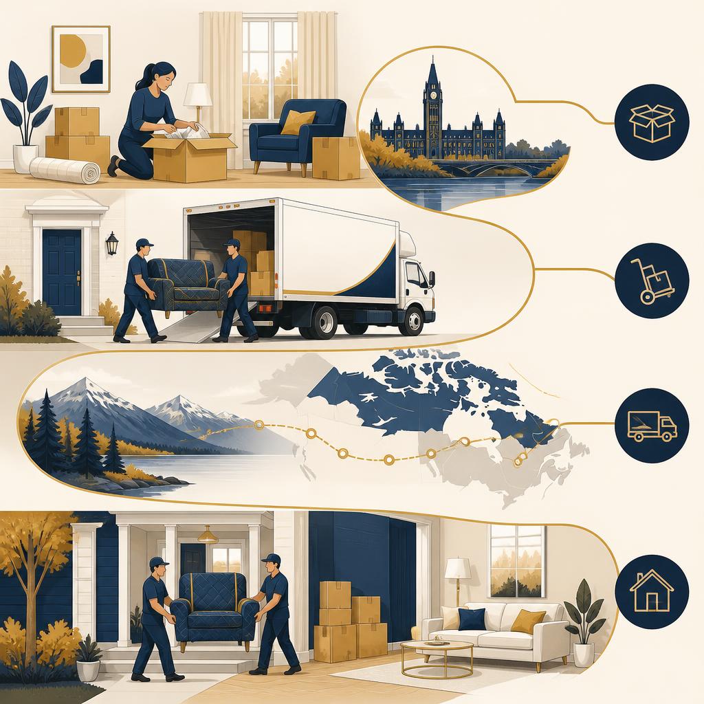 Illustrated stages of a household move from Ottawa across Canada to a new home