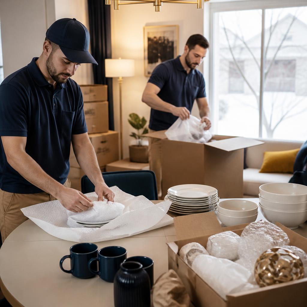 Careful packing of household kitchen items before a long-distance move from Ottawa