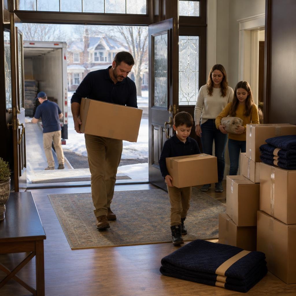 Ottawa family preparing labelled boxes on a snowy winter moving day
